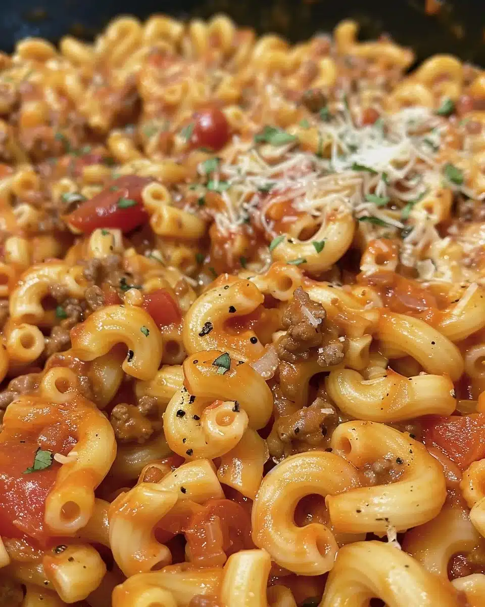 Delicious plate of macaroni and tomatoes, a comforting meal option.