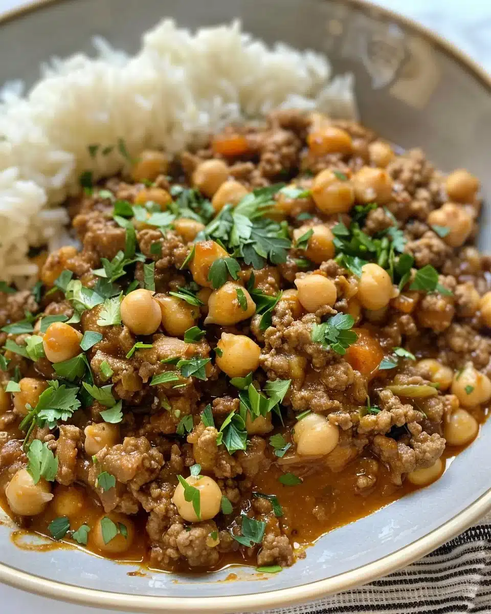 Middle Eastern spiced beef and chickpea skillet dish with spices and herbs.