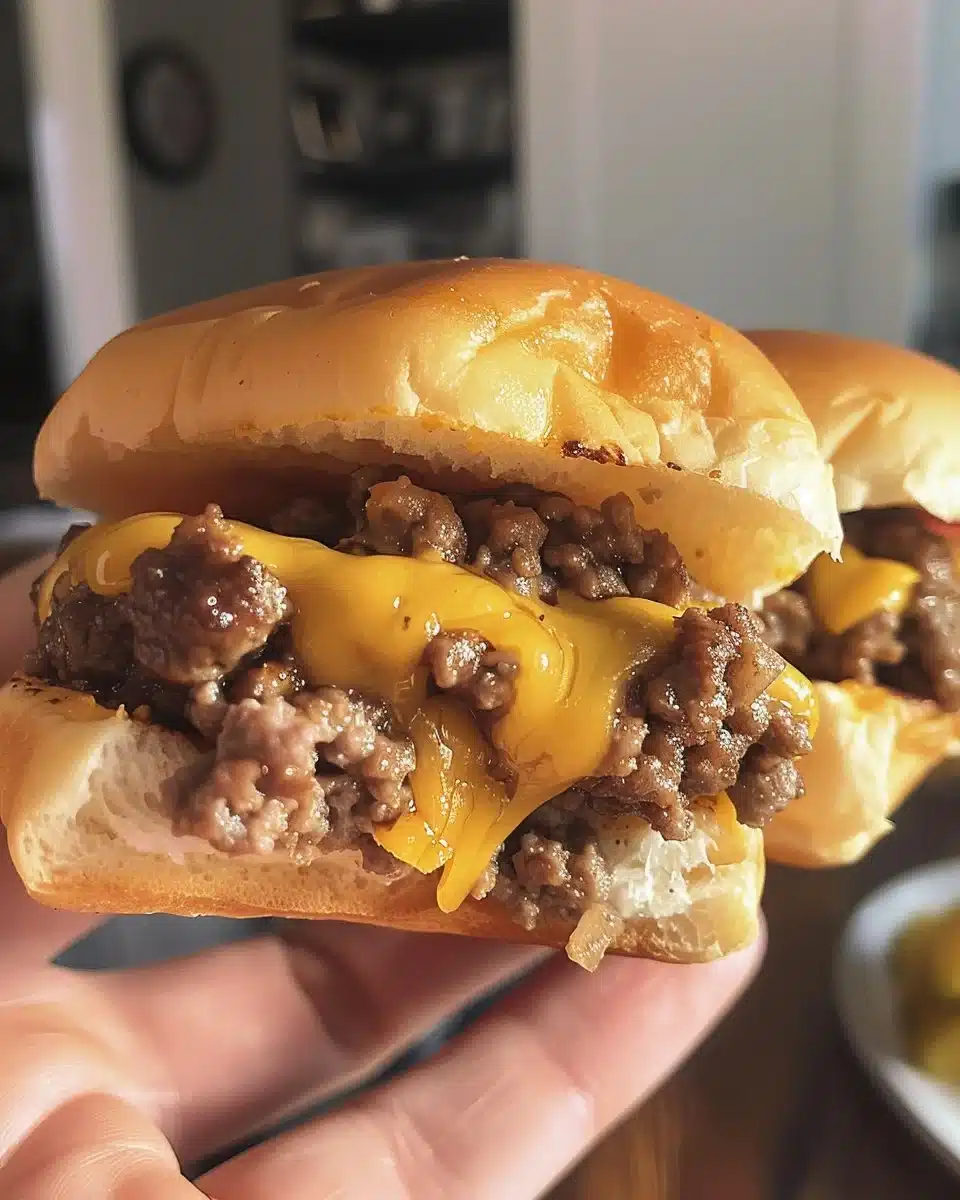 Mini-slider cheeseburger appetizers served on a platter.