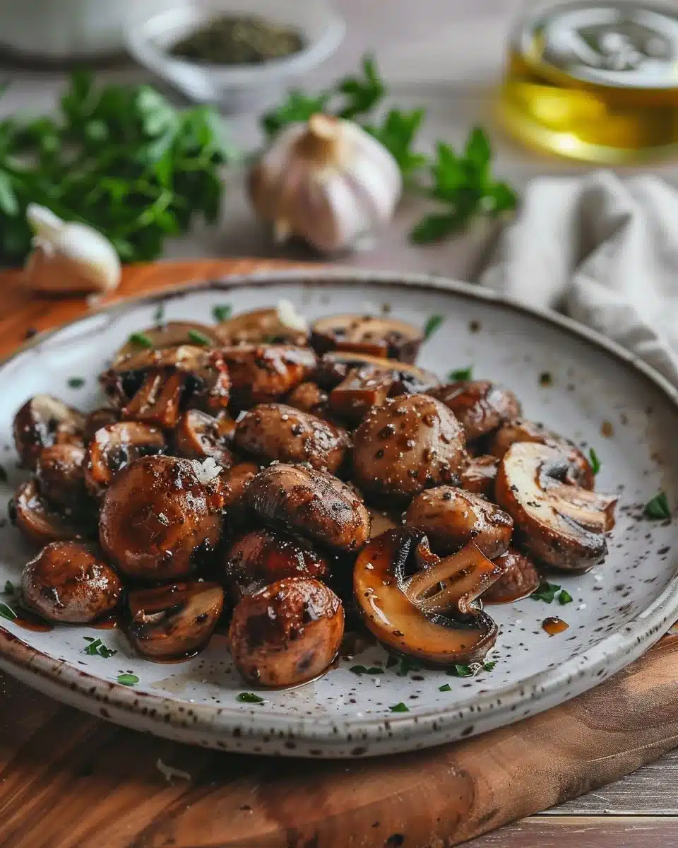 Delicious miso mushrooms garnished with herbs and served on a plate