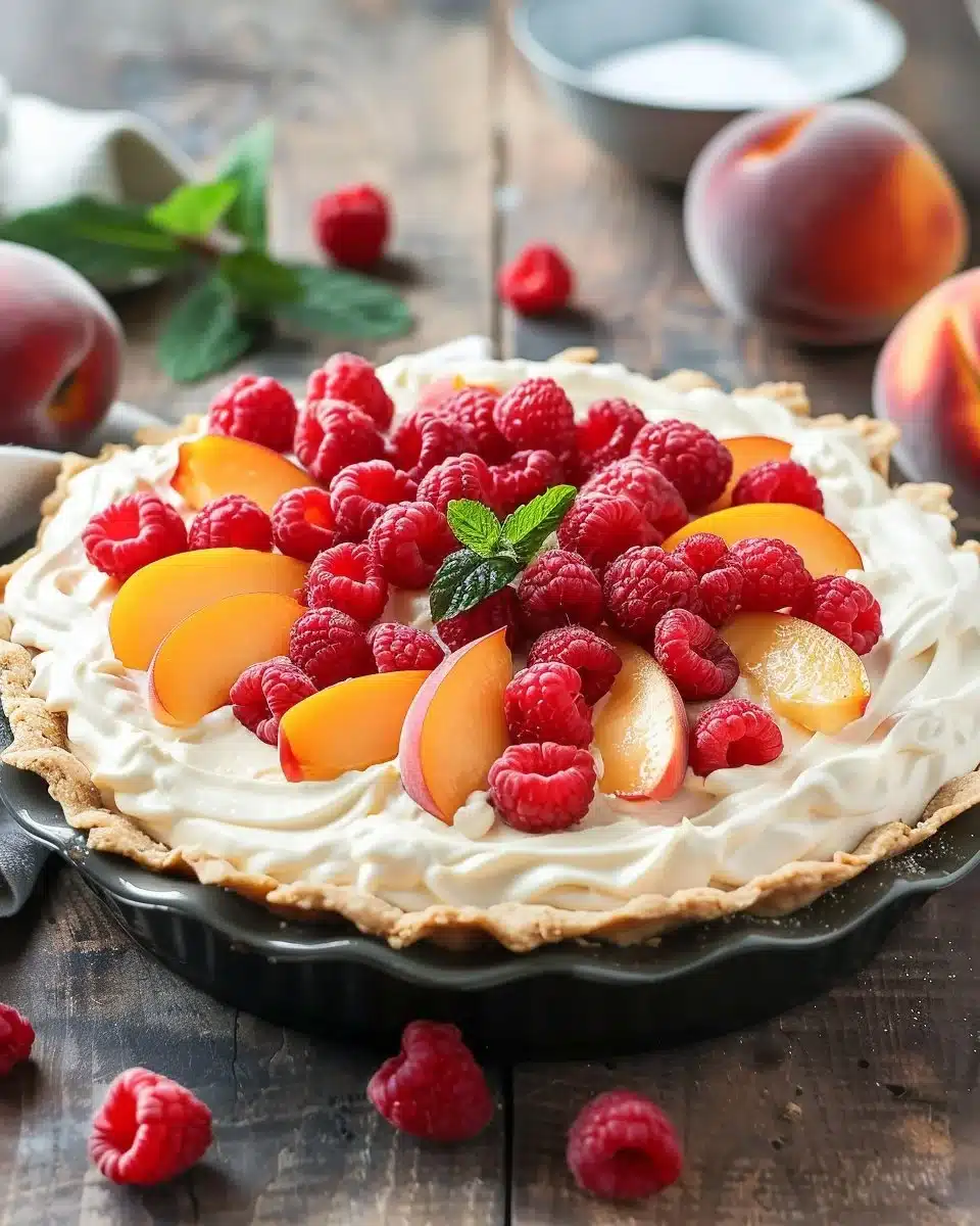 No-Bake Peach Raspberry Cream Cheese Pie topped with fresh raspberries and peaches.