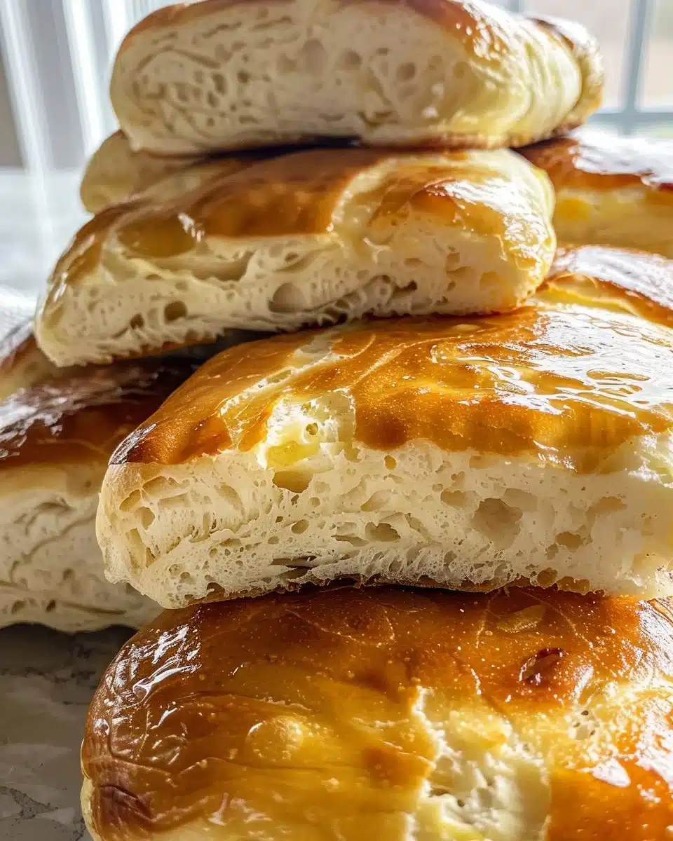 Freshly baked No Knead Bread loaf with a golden crust and soft interior.