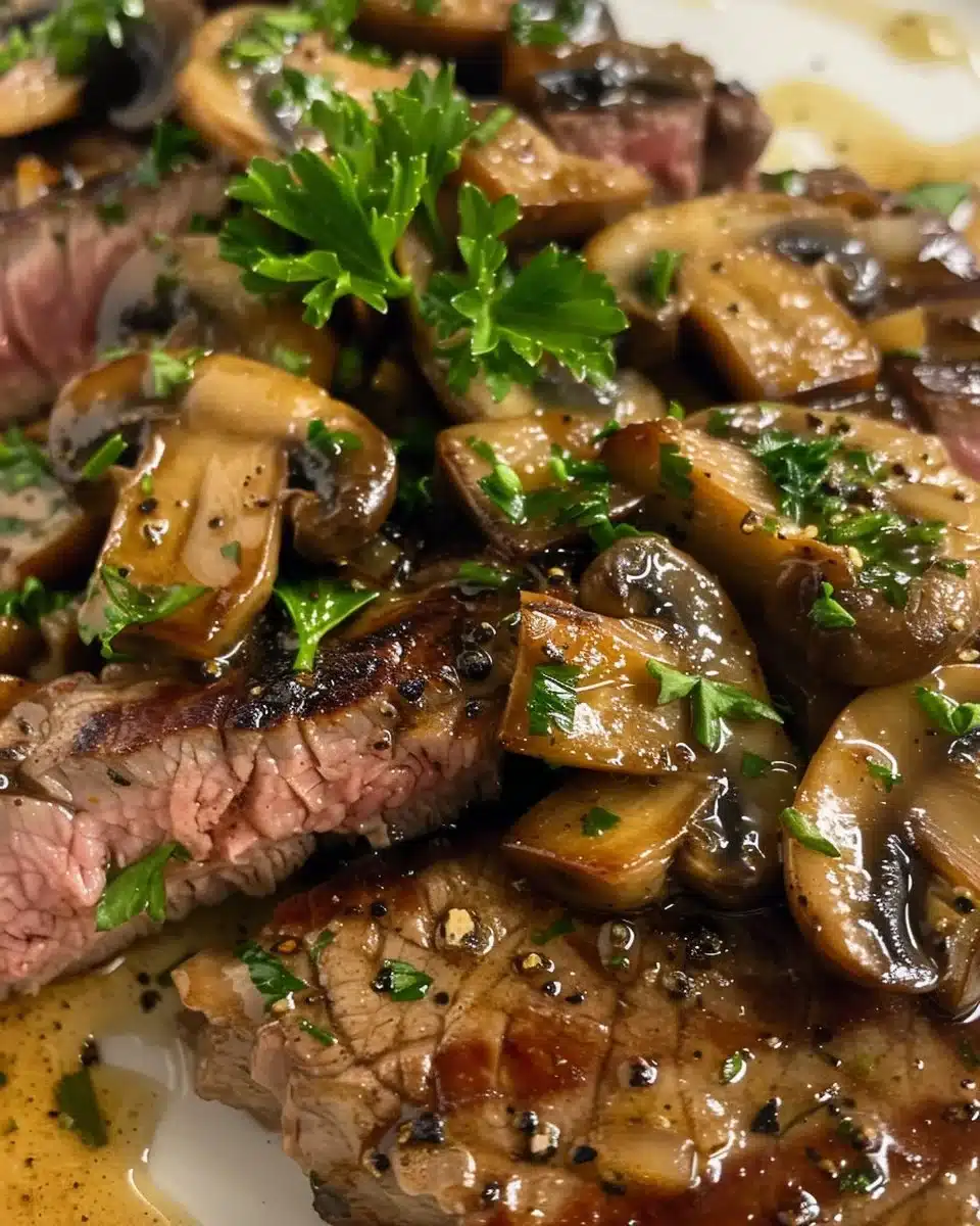 Pan fried strip steak with mushrooms served on a plate