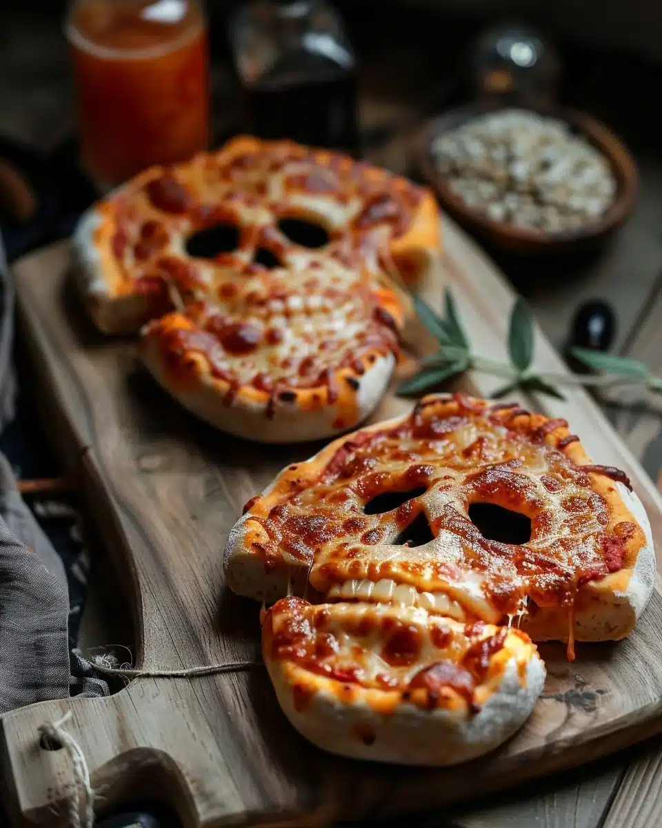 Delicious pizza skulls served on a festive platter for Halloween