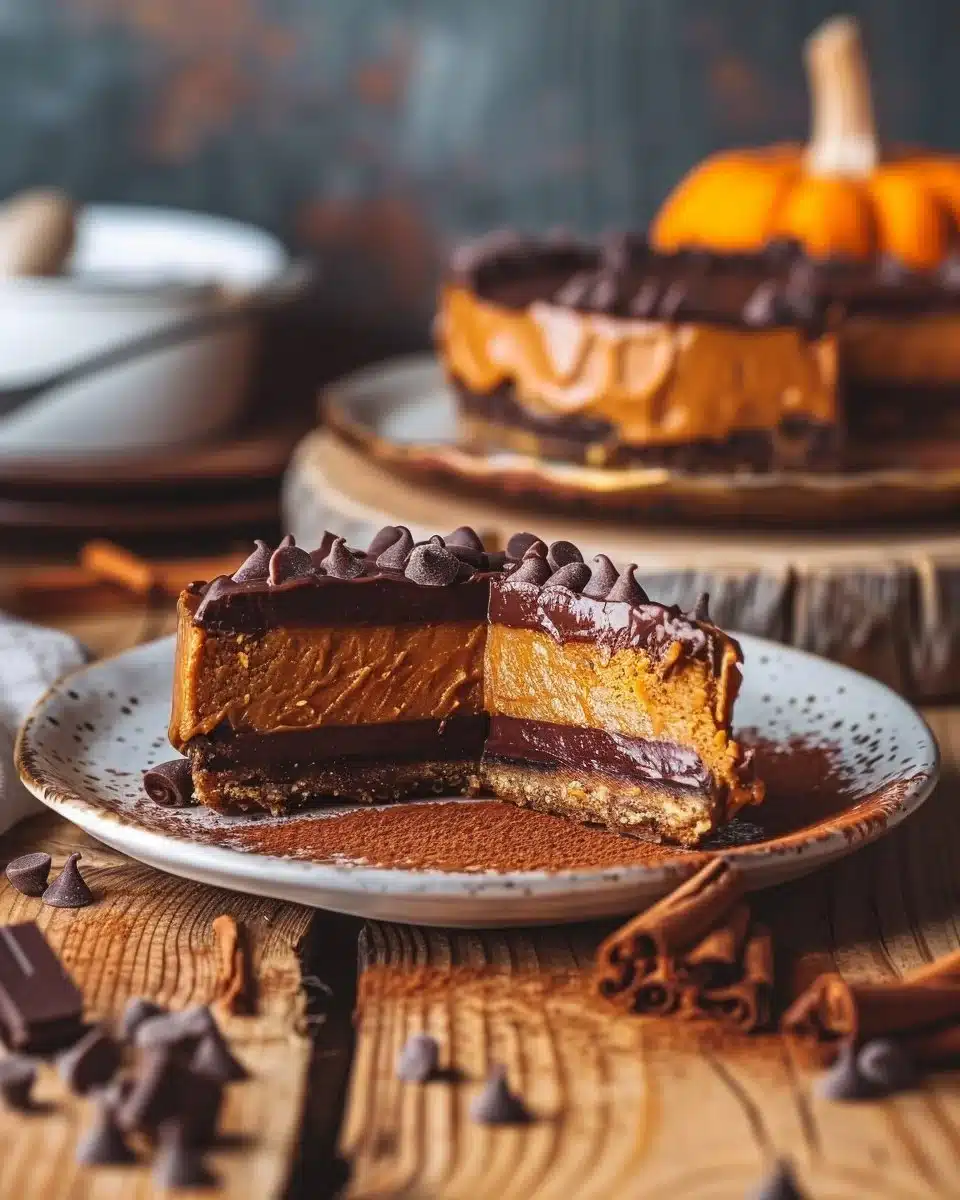 Delicious pumpkin chocolate cake with creamy frosting and autumn-themed decor
