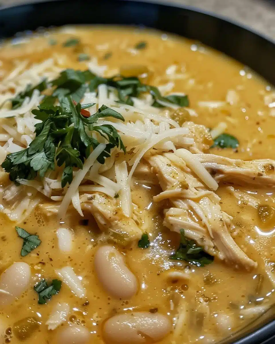 Slow cooker white chicken chili garnished with cilantro and lime.