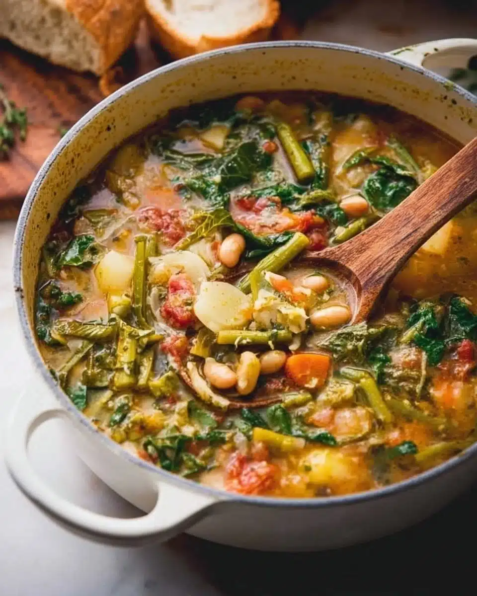 Bowl of colorful Springtime Minestrone Soup filled with seasonal vegetables