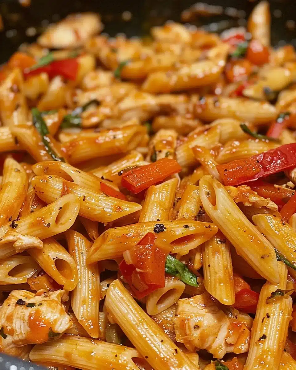 Sticky Honey Pepper Jack Chicken Penne, a flavorful pasta dish with honey and pepper jack cheese.