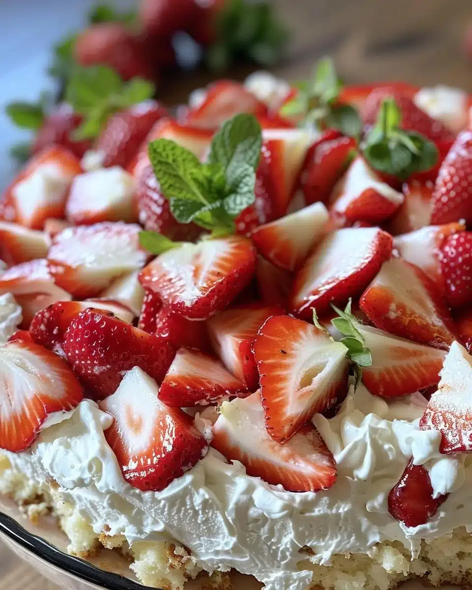 Delicious Strawberry Cheesecake Trifle layered with strawberries and creamy cheesecake