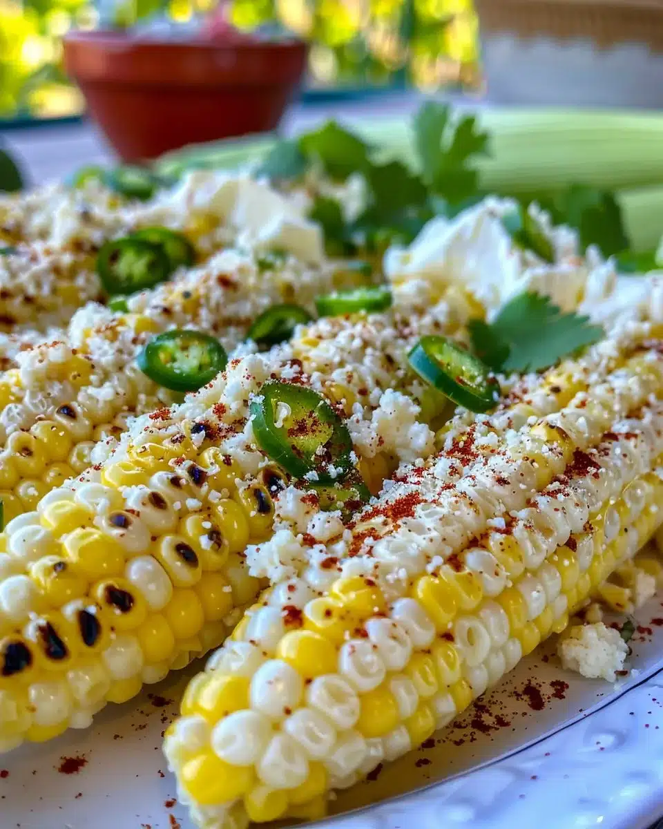 Creamy Street Corn Dip served in a bowl with toppings and tortilla chips