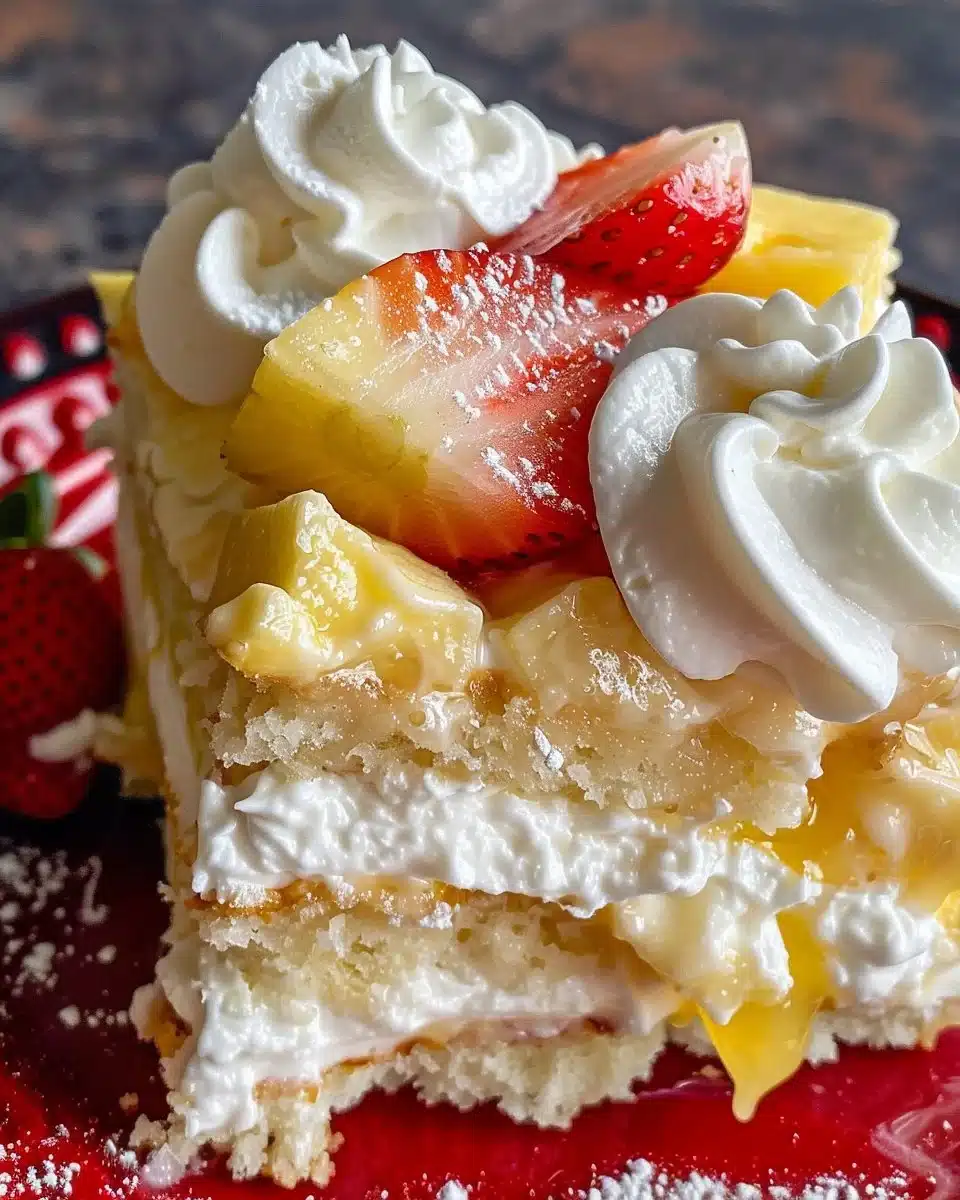 Delicious three milk cake with whipped cream topping and fresh fruit