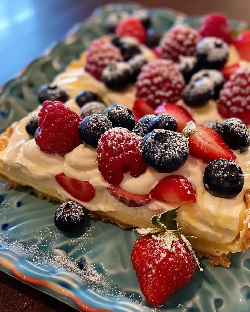 Slice of Three Milks Cake topped with whipped cream and fruit