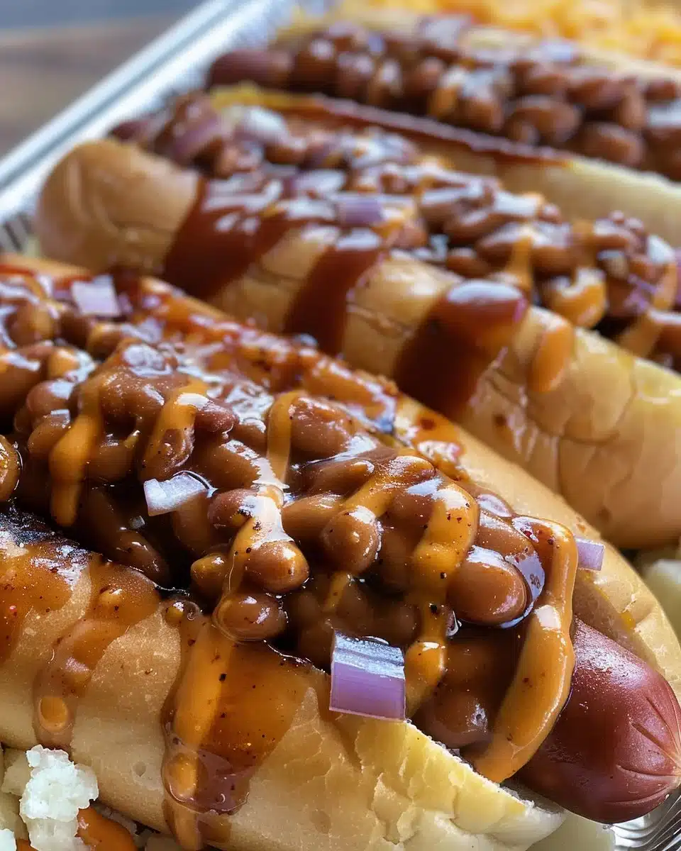 A delicious bowl of homemade beanie weenies with beans and hot dogs.