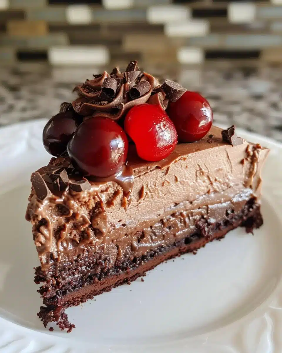 Delicious slice of Black Forest Cake with cherries and whipped cream