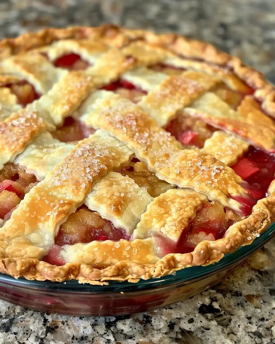 Buttery rhubarb lemon pie with a flaky crust and vibrant filling