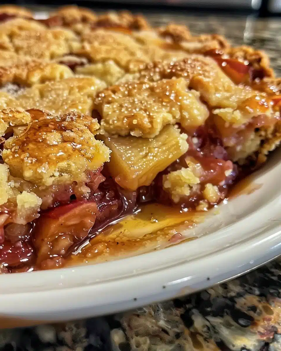 Buttery rhubarb pie with crumb topping on a rustic wooden table