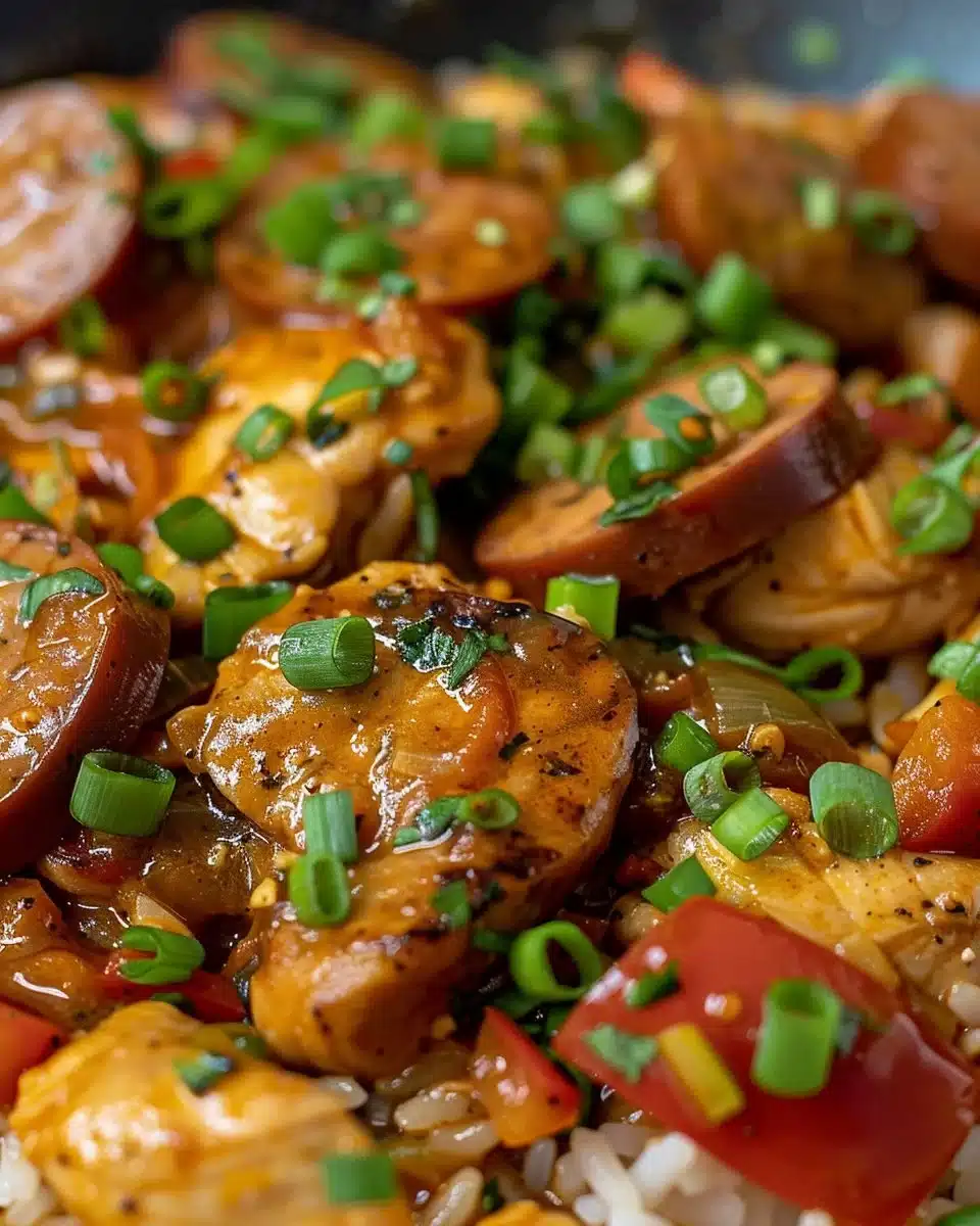 Delicious Chicken and Sausage Jambalaya served in a bowl with fresh herbs on top.