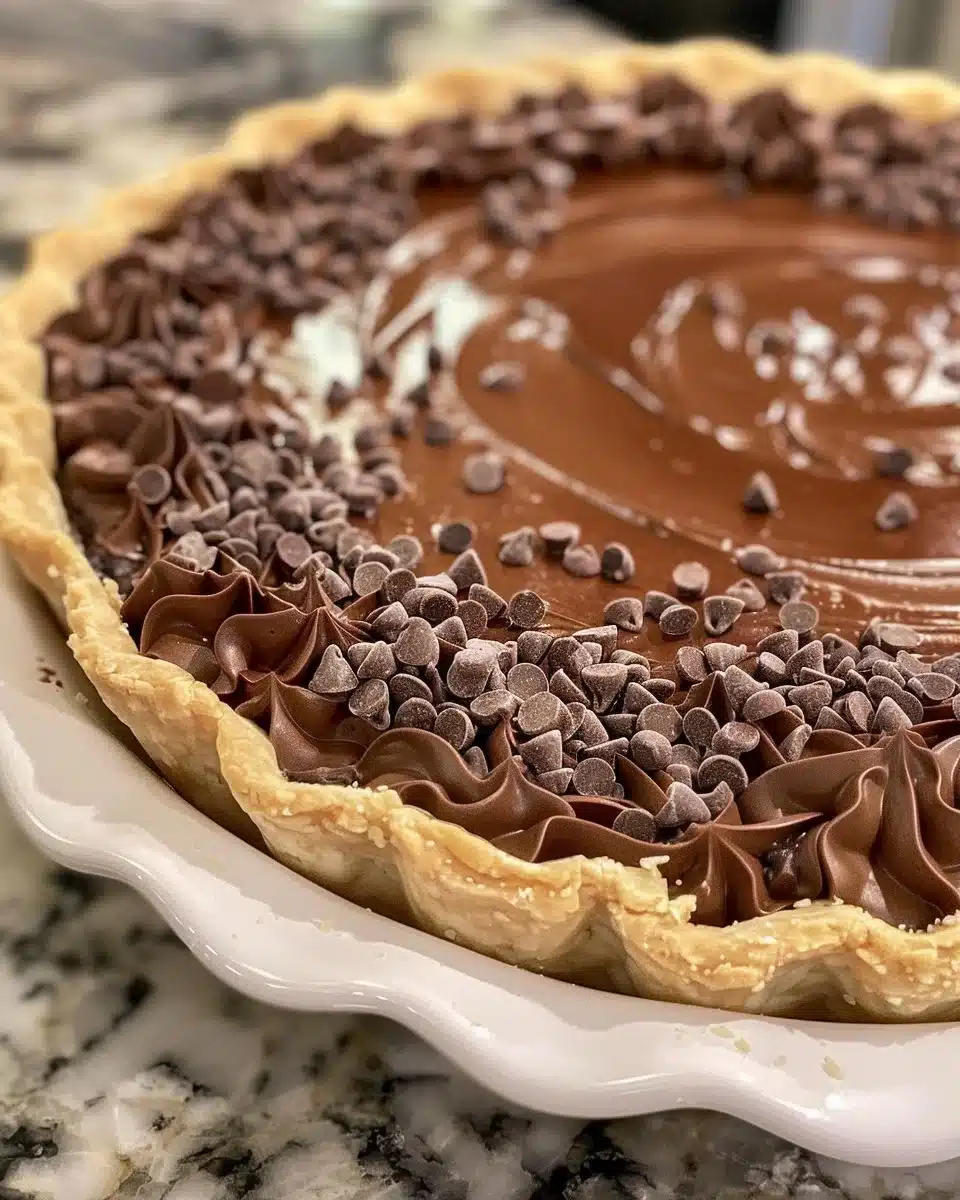 Delicious homemade Chocolate Chess Pie topped with chocolate shavings