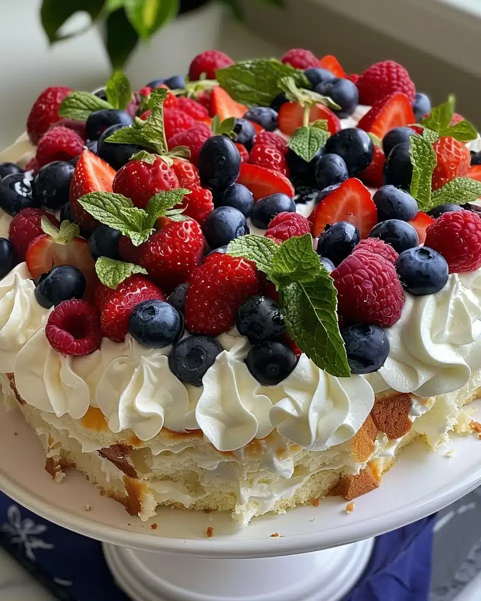 Creamy Angel Food Cake Trifle layered with fresh fruit and whipped cream