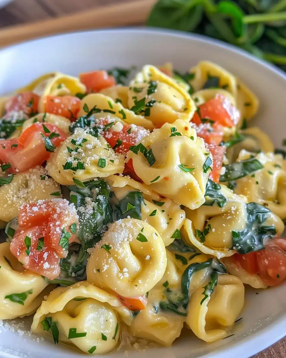 Creamy tomato and spinach tortellini served in a bowl with fresh herbs.
