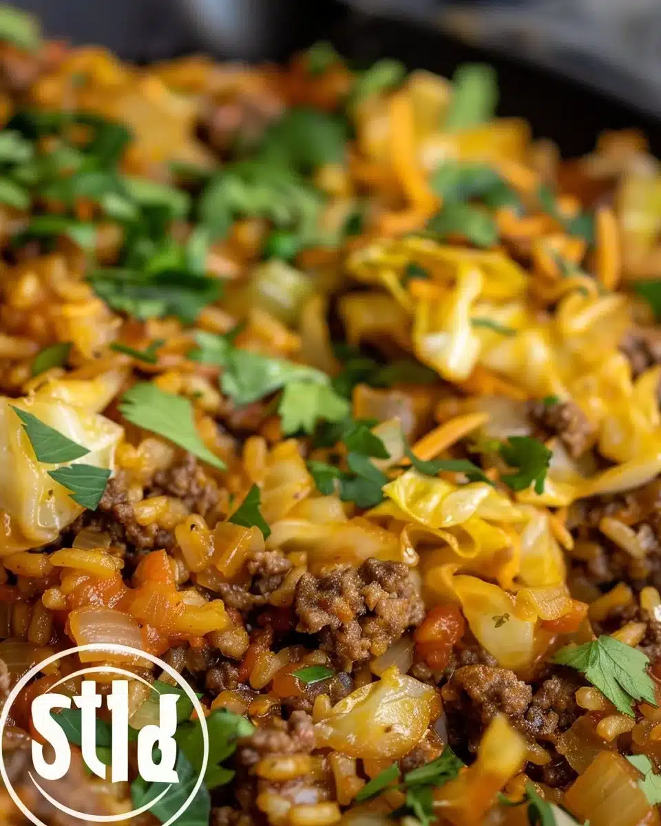 Delicious cabbage casserole topped with melted cheese and herbs.