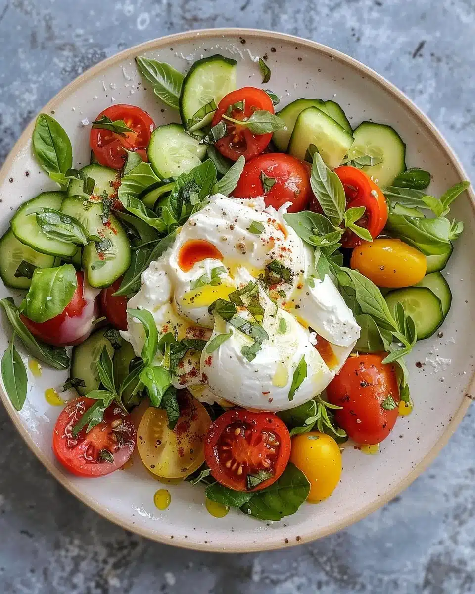 Delicious spring salad with burrata, fresh greens, and vibrant veggies