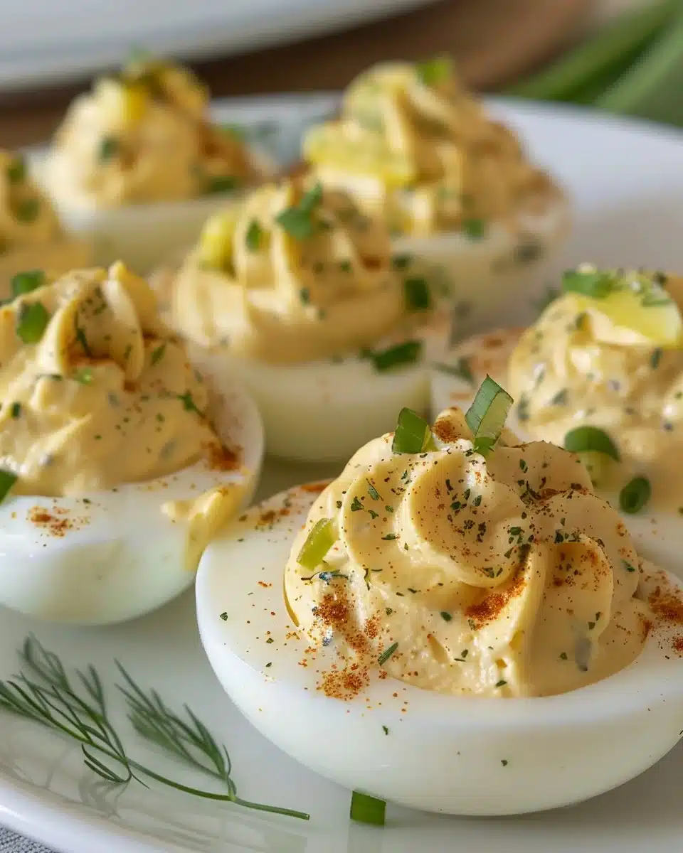Delicious dill pickle deviled eggs served on a platter