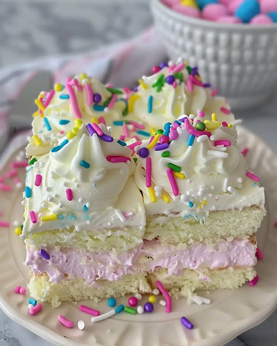 Colorful Easter Poke Cake topped with pastel sprinkles and flowers.