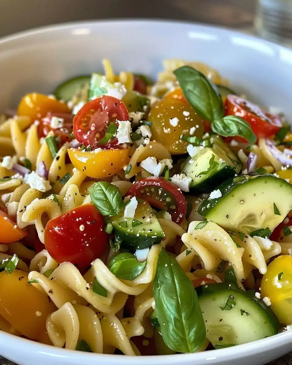 Colorful Mediterranean avocado pasta salad with fresh vegetables and herbs