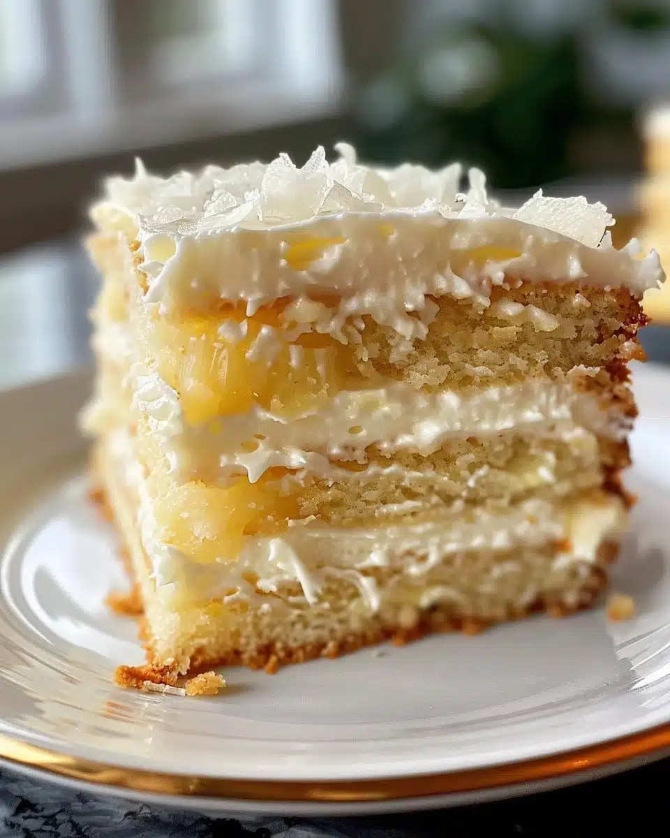 Fluffy Pineapple Angel Food Cake topped with fresh pineapple slices.