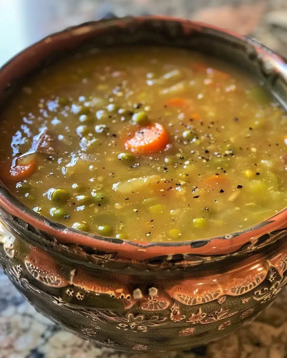 A bowl of delicious German Split Pea Soup garnished with fresh herbs.