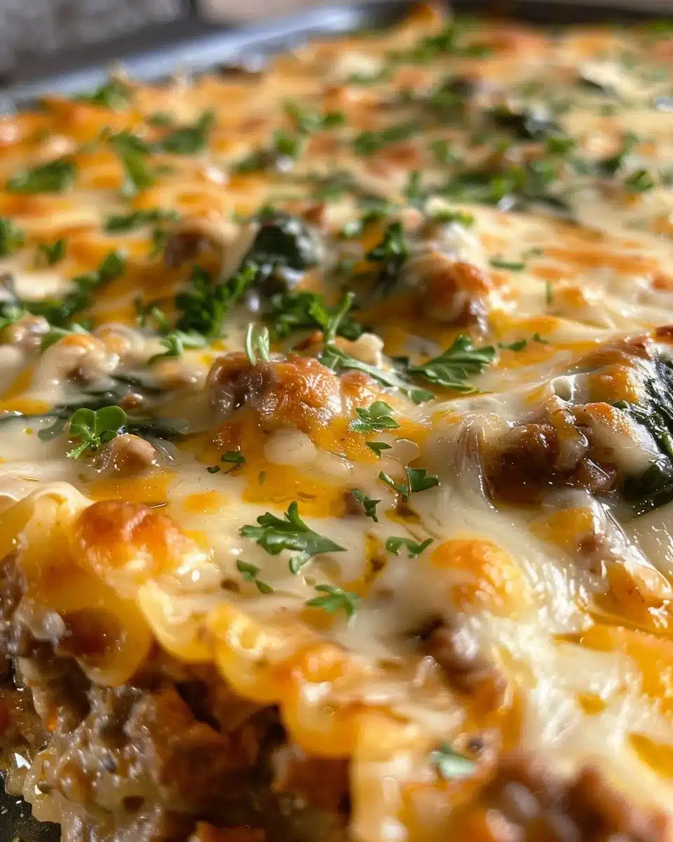 Ground beef and spinach casserole topped with cheese in a baking dish