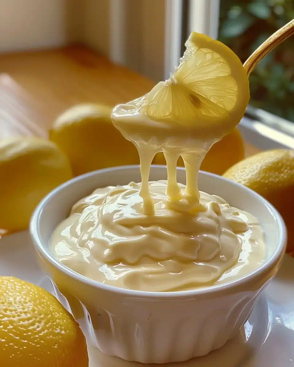 Bowl of homemade sour cream with fresh herbs on a wooden table