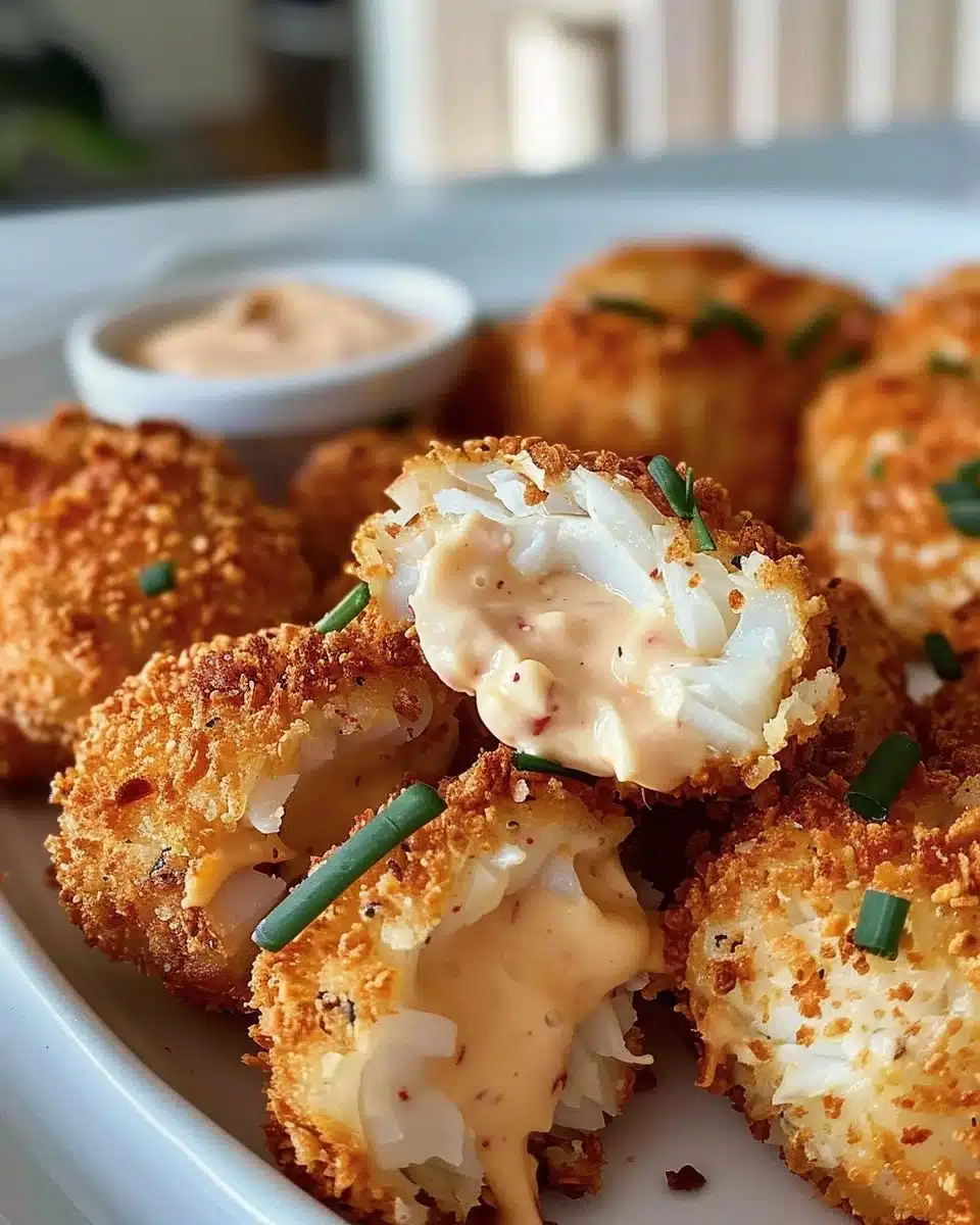 Mini crab cakes served with spicy Sriracha aioli for a delicious appetizer.