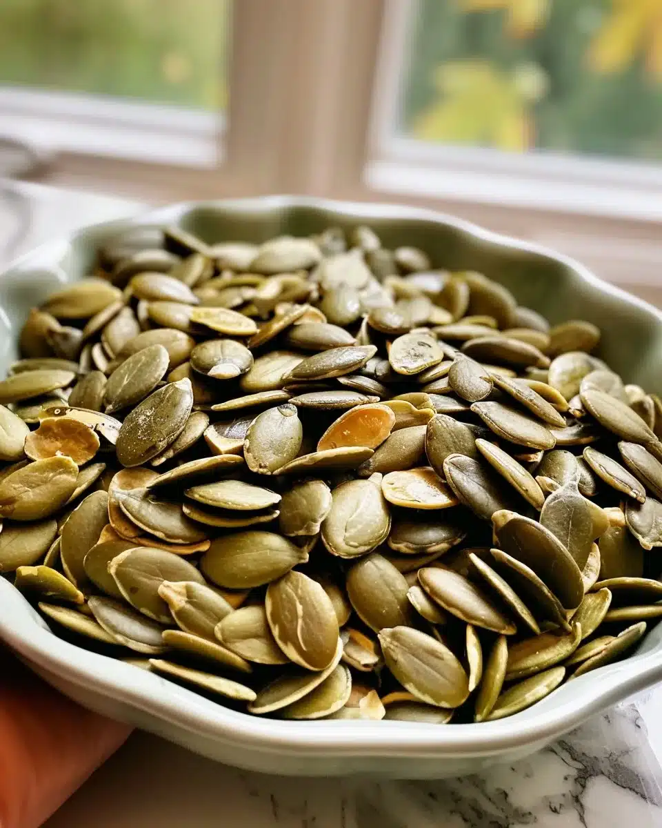 A bowl of oven-toasted pumpkin seeds ready to eat.