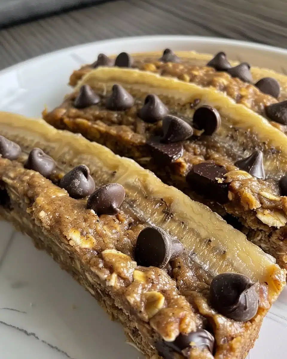 Delicious Peanut Butter Banana Oatmeal Chocolate Chip Bars on a wooden plate