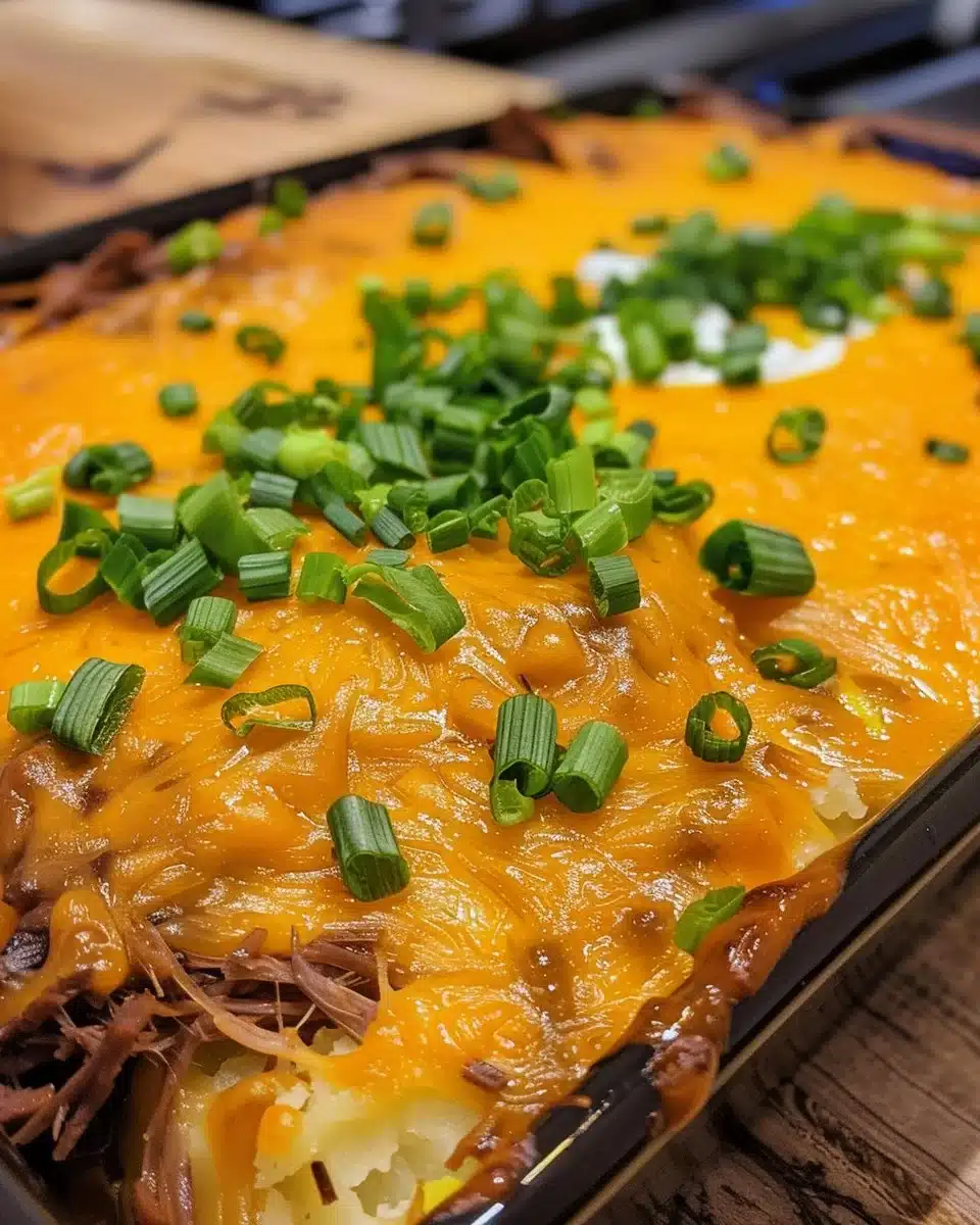 Delicious brisket baked potato topped with tender brisket and savory sauce.