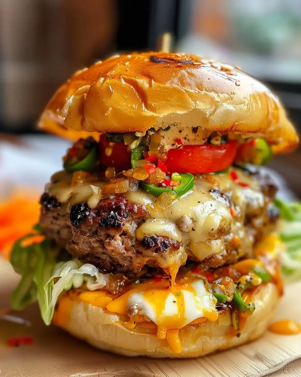 Spicy jalapeño pepper jack turkey burgers garnished with fresh toppings.