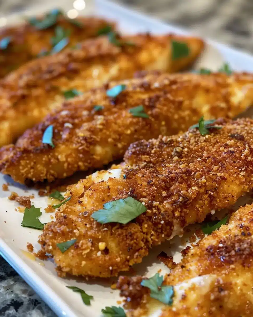 Deliciously baked chicken tenderloins served on a plate with vegetables.