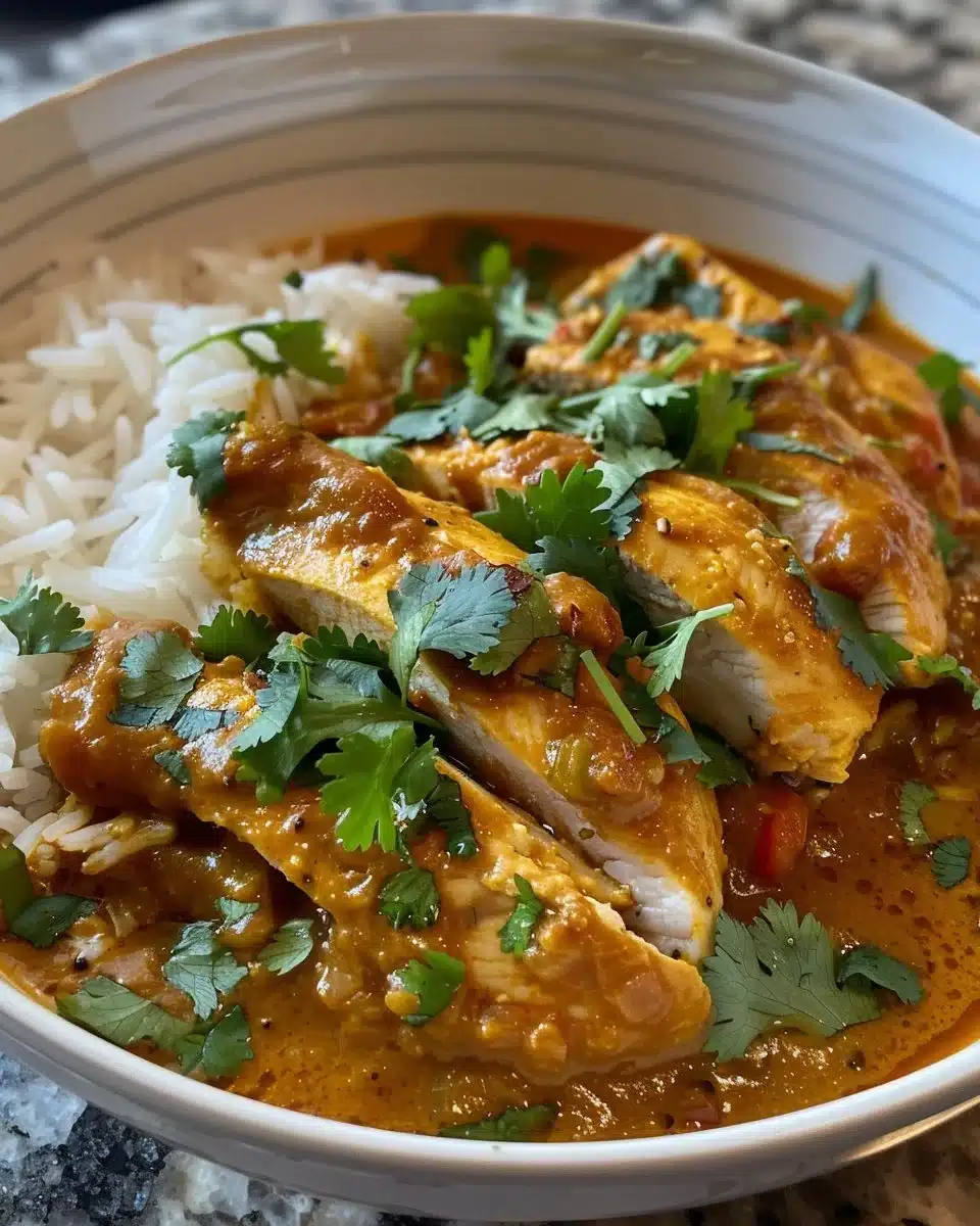 Delicious serving of butter chicken with rice and naan bread