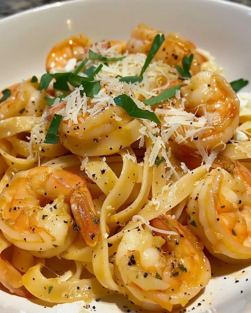 Plate of Cajun Shrimp Fettuccine garnished with herbs