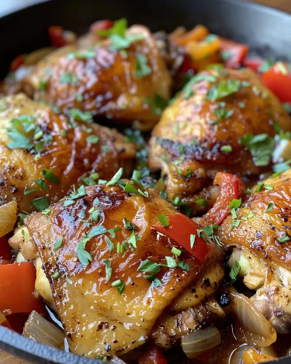 A plate of Chicken Cacciatore garnished with fresh herbs and served with sauce.