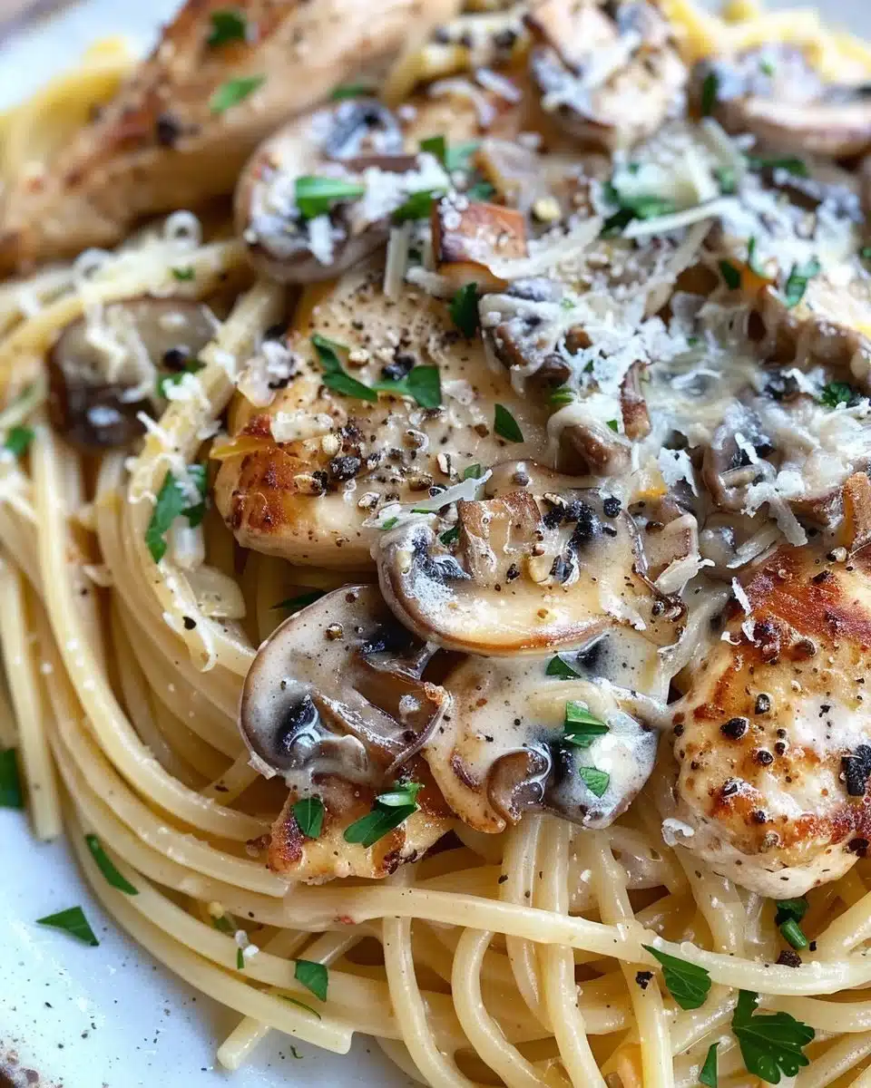 Delicious Chicken Mushroom Pasta Delight dish served with herbs and parmesan cheese.
