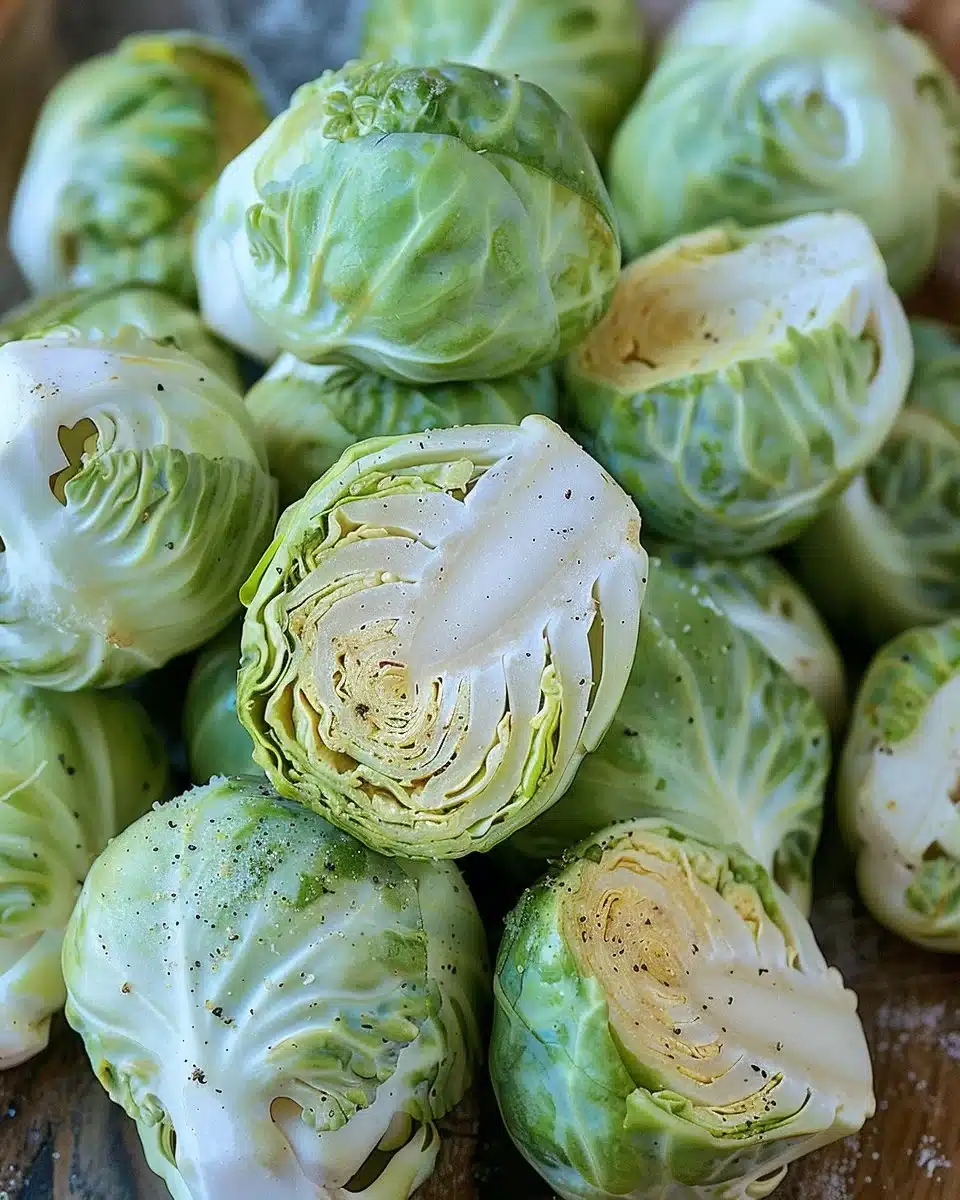 Creamed Brussels sprouts in a bowl garnished with herbs.