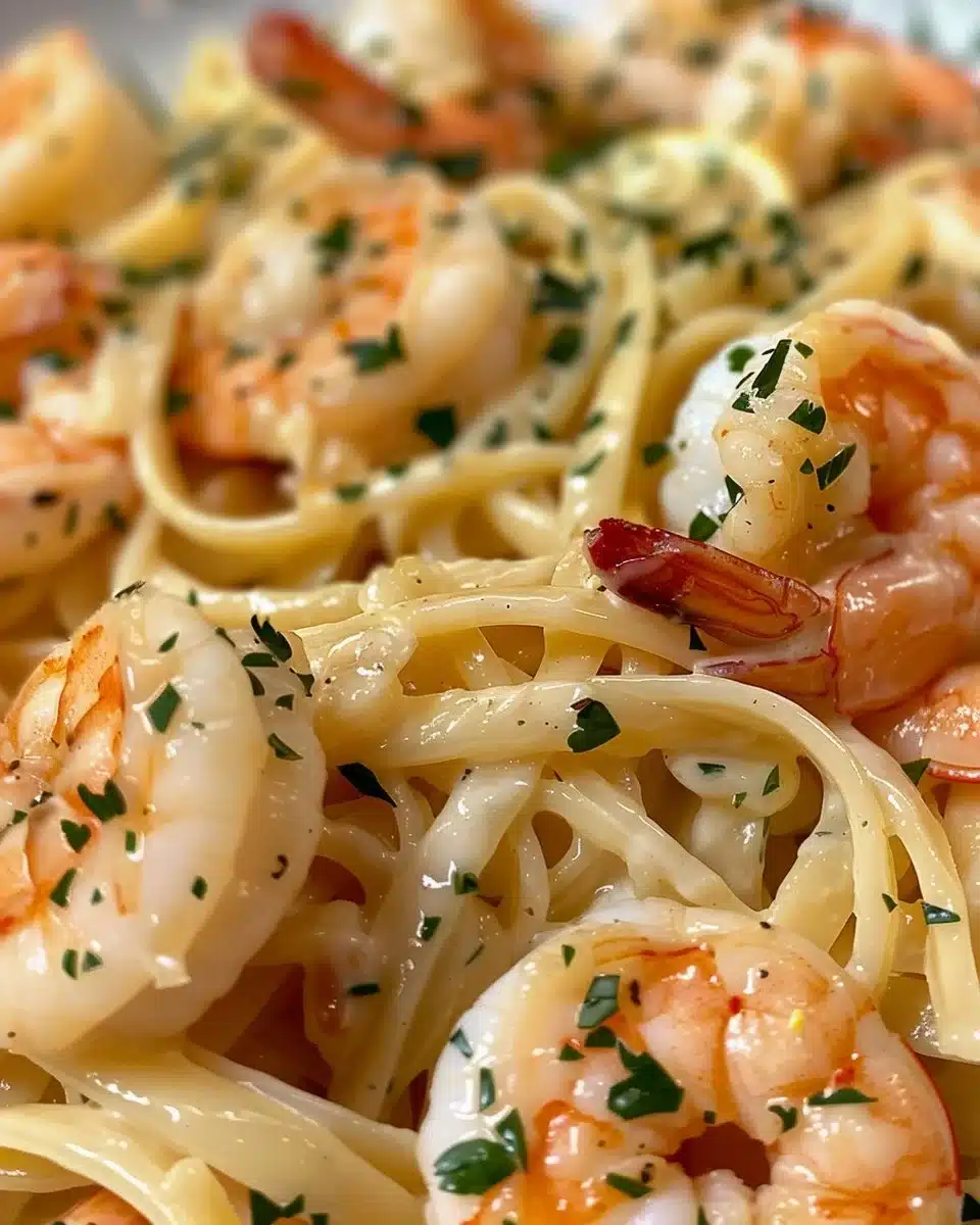 Plate of creamy lemon shrimp alfredo topped with parsley and lemon zest