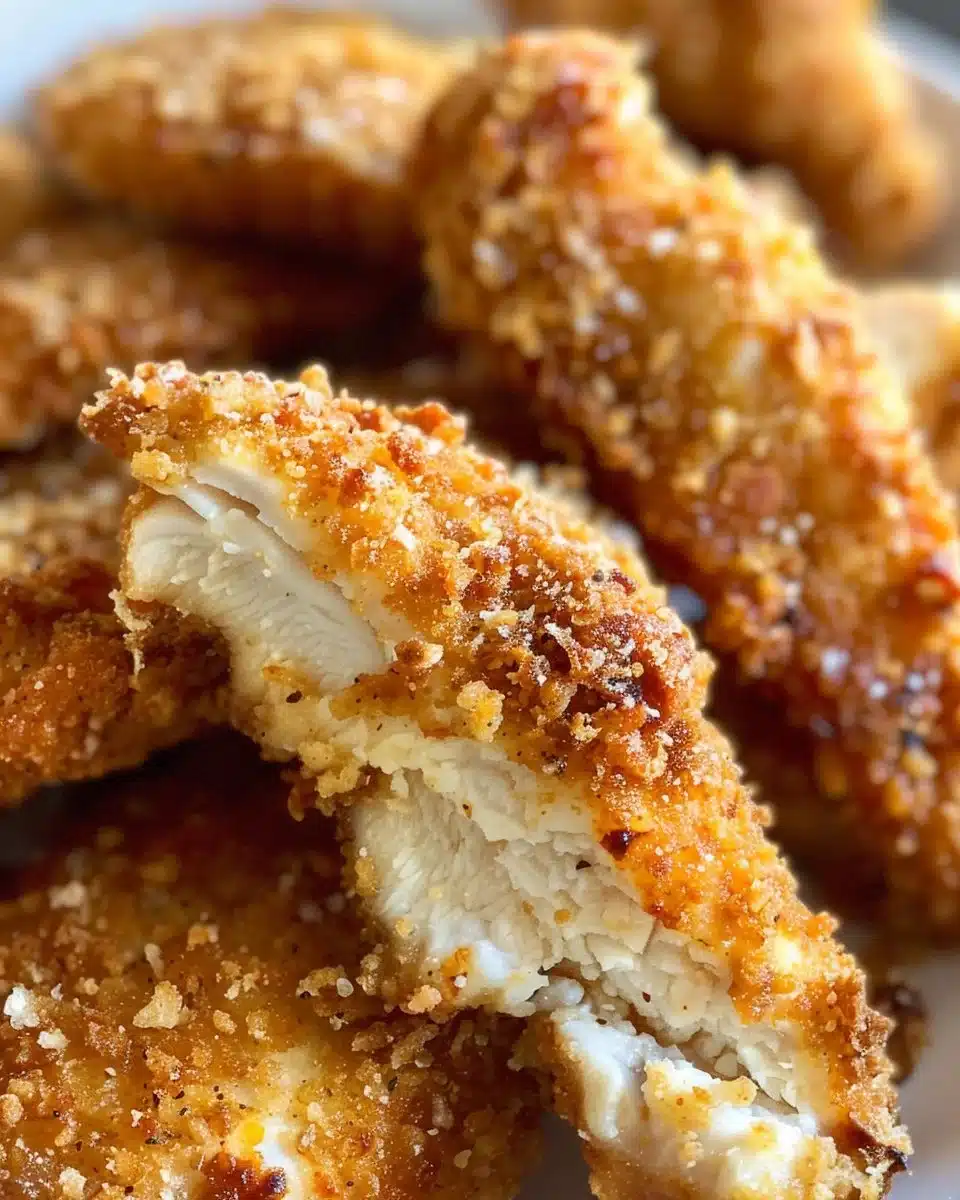 Plate of crispy baked chicken tenders with dipping sauce