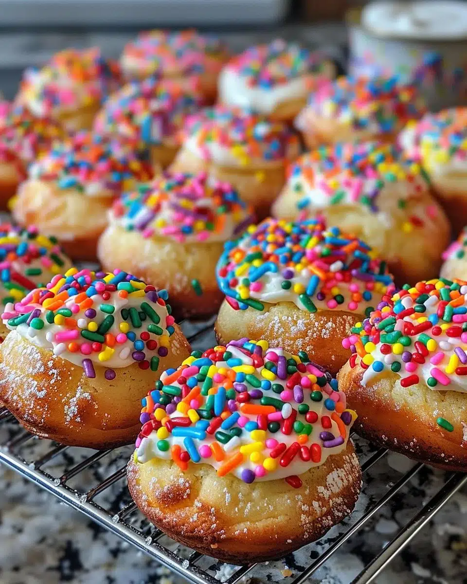 Frosted sugar cookie bundt cake topped with colorful sprinkles