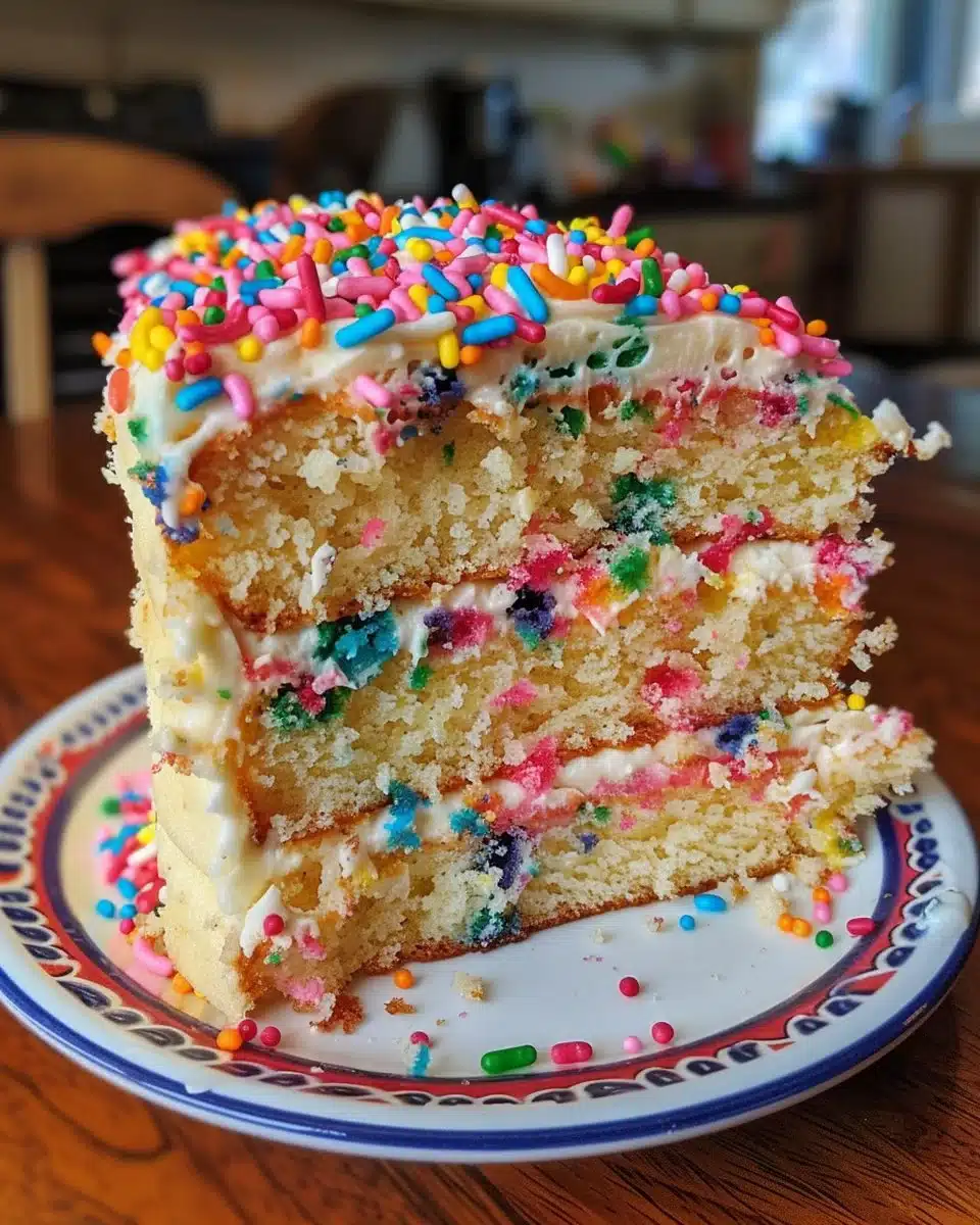 Delicious Funfetti Sheet Cake topped with colorful sprinkles.