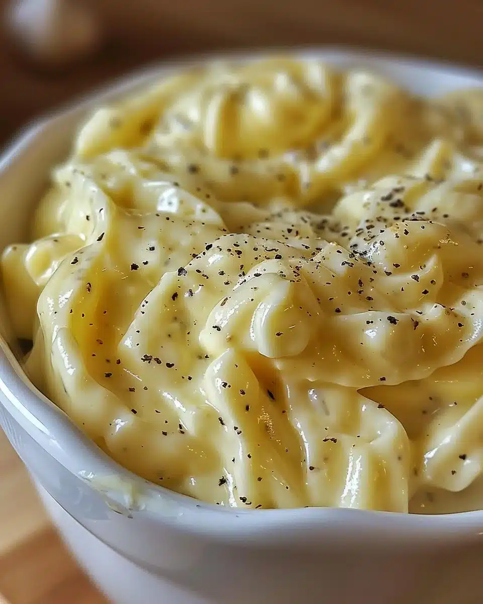 Homemade garlicky mayo aioli in a small bowl with herbs around it.