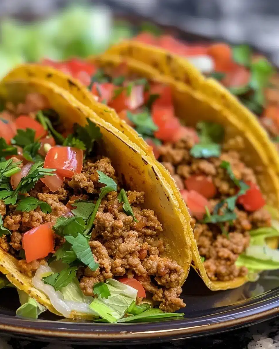 Delicious ground turkey tacos garnished with fresh toppings